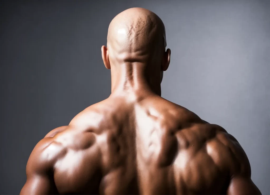 back view of a muscular man in tight leather. bald 11zon